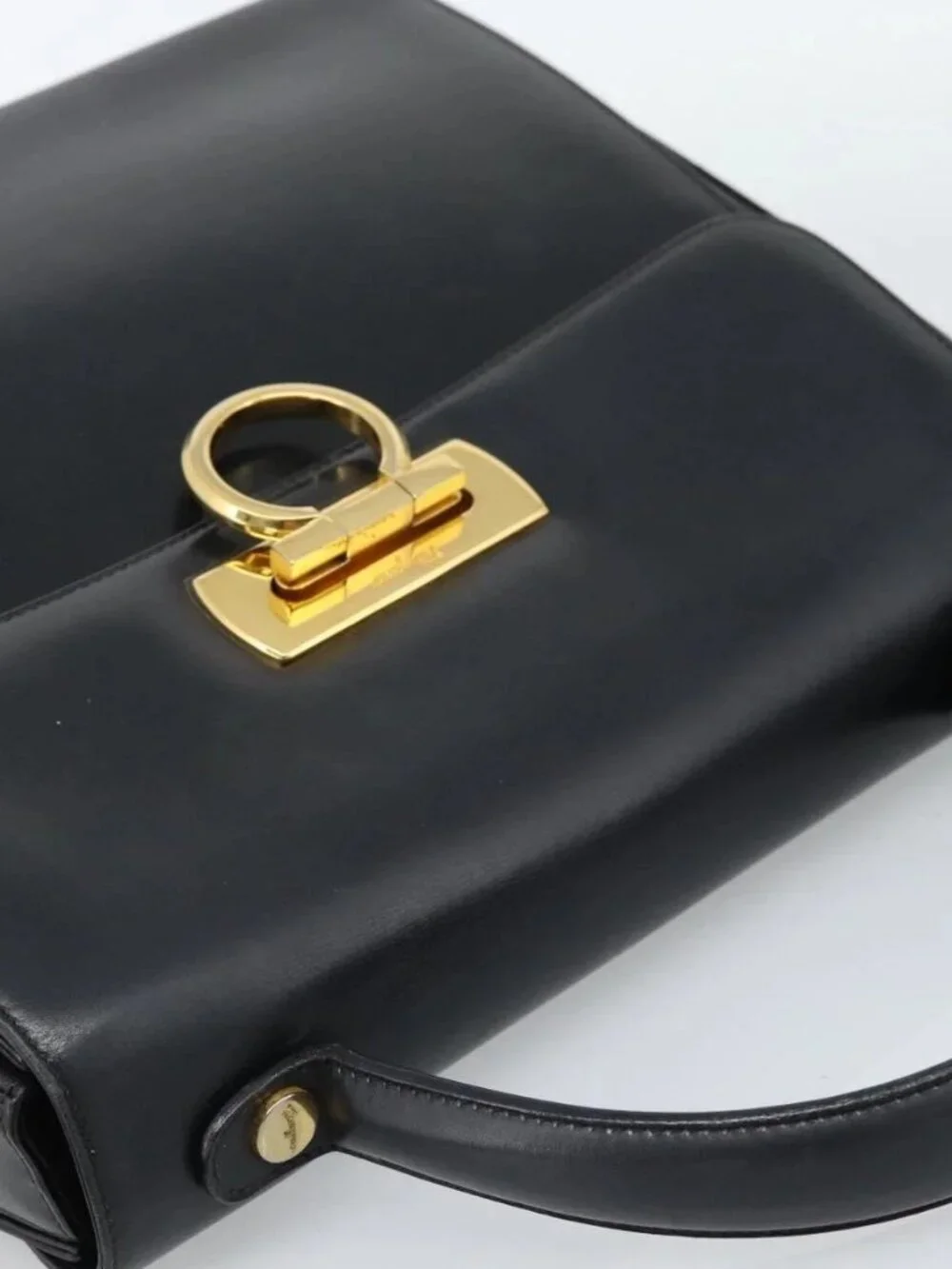 Salvatore Ferragamo Gancini Hand Bag Leather 2way Black Gold Auth 186374